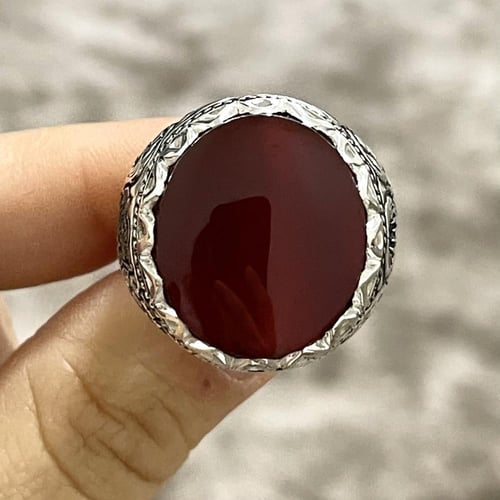 خاتم فضة رجالي بحجر عقيق كبدي يماني طبيعي