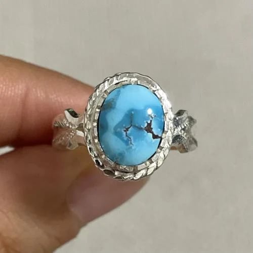خاتم فضة رجالي بحجر فيروز سيناوي طبيعي