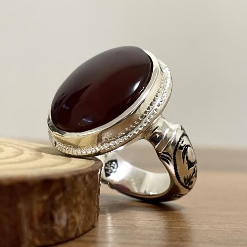 خاتم فضة رجالي بحجر عقيق كرزي انسي يماني طبيعي