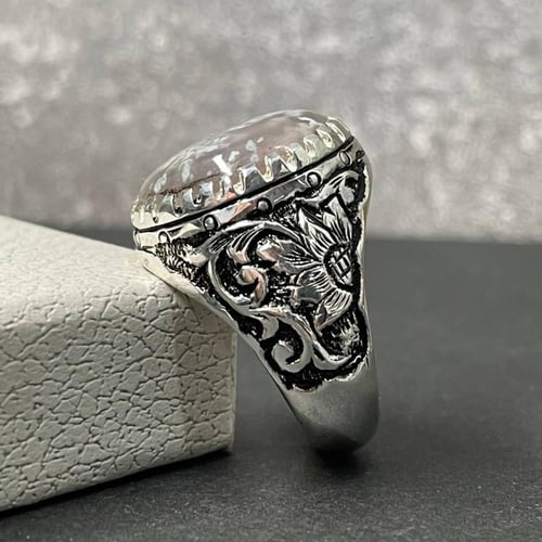 خاتم فضة رجالي بحجر عقيق ورد الربيع طبيعي