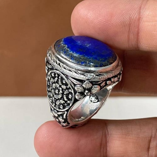 خاتم فضة رجالي بحجر لازورد افغاني طبيعي