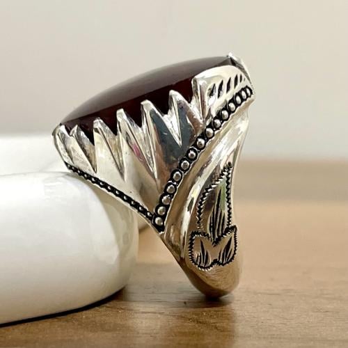 خاتم فضة رجالي بحجر عقيق كرزي انسي يماني طبيعي