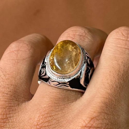خاتم فضة رجالي بحجر كهرمان بولندي طبيعي