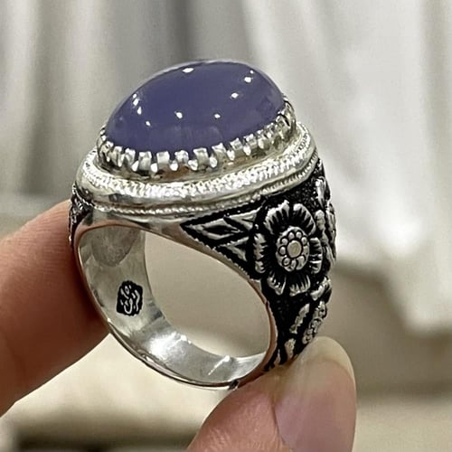 خاتم فضة رجالي بحجر عقيق يماني سوسني طبيعي