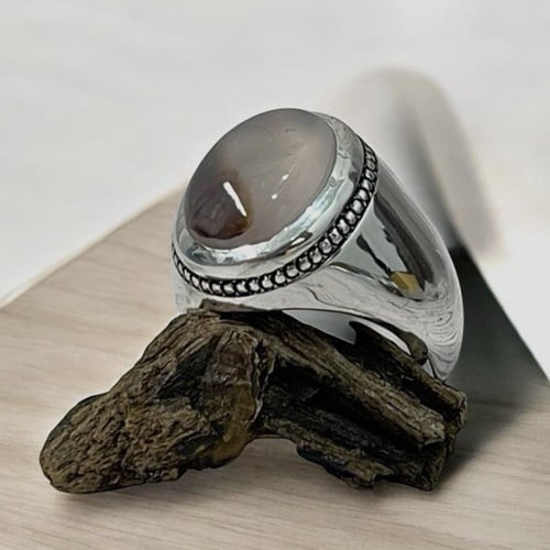 خاتم فضة رجالي بحجر عقيق مصور يماني طبيعي