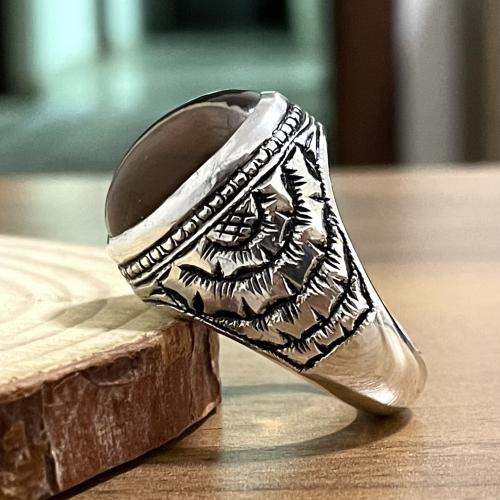 خاتم فضة رجالي بحجر عقيق خرائطي يماني طبيعي