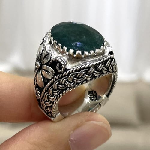 خاتم فضة رجالي بحجر زمرد