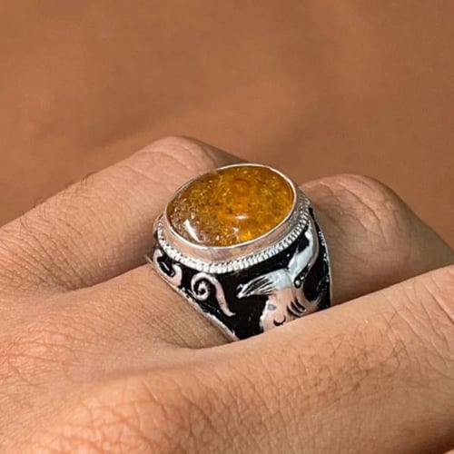 خاتم فضة رجالي بحجر كهرمان بولندي طبيعي