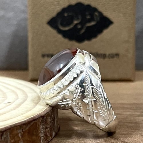 خاتم فضة رجالي بحجر عقيق يماني مصور طبيعي