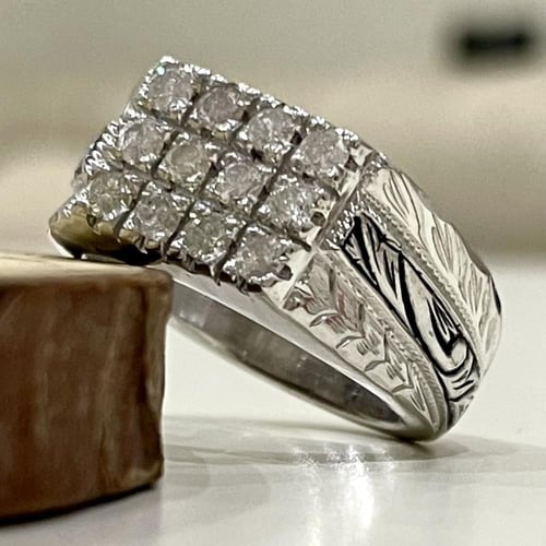 خاتم فضة رجالي مرصع الماس طبيعي