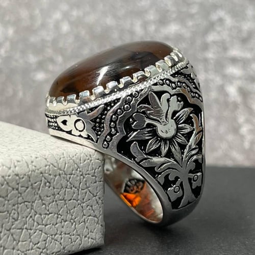 خاتم فضة رجالي بحجر عقيق مصور يماني طبيعي