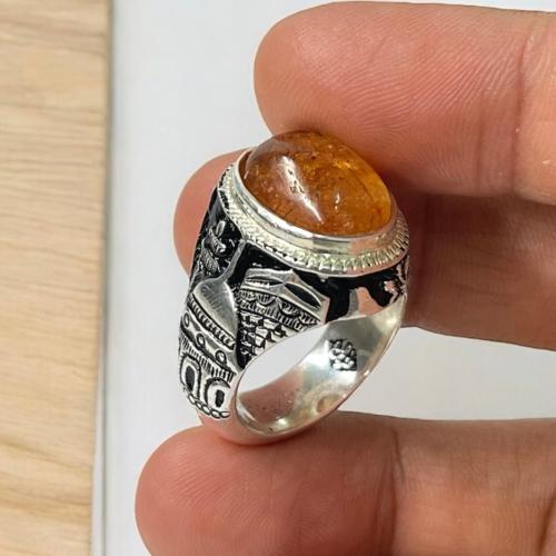 خاتم فضة رجالي بحجر كهرمان بولندي طبيعي