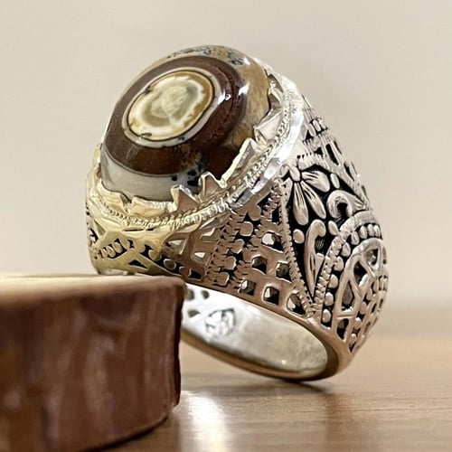 خاتم فضة رجالي بحجر عقيق داوودي يماني طبيعي