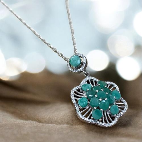 قلادة فضة نسائية مرصع 14 حجر زمرد مرصع زركون سويسر...