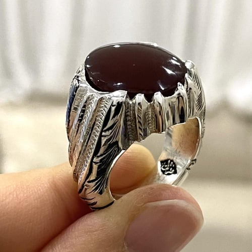 خاتم فضة رجالي بحجر عقيق كبدي يماني طبيعي
