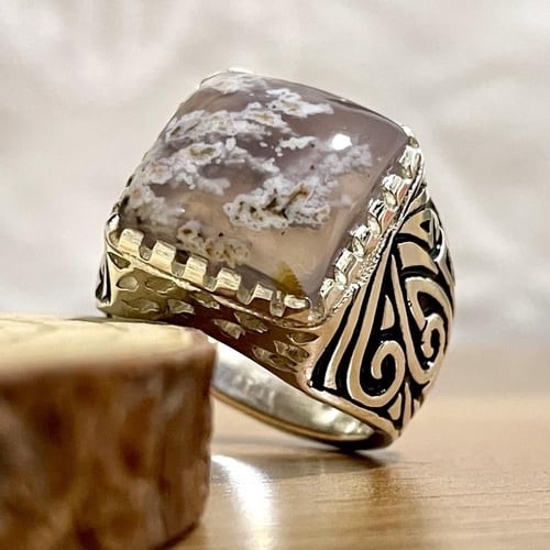 خاتم فضة رجالي بحجر عقيق ورد الربيع طبيعي