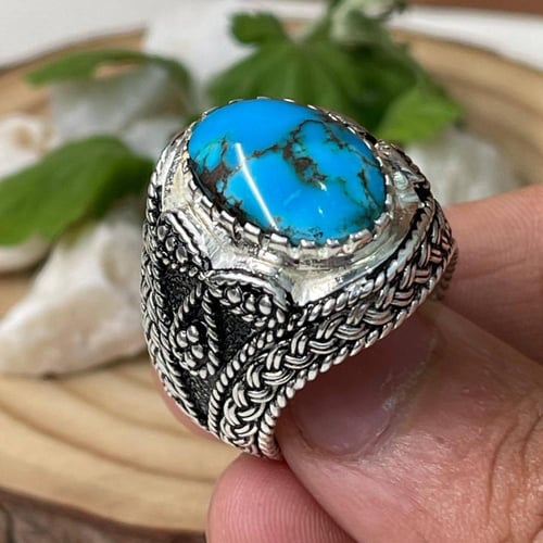 خاتم فضة رجالي بحجر فيروز نيشابوري طبيعي