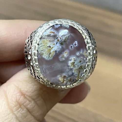 خاتم فضة رجالي بحجر عقيق ورد الربيع طبيعي