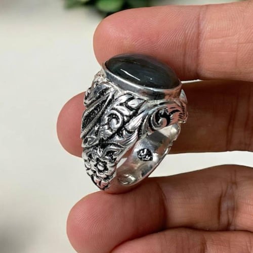 خاتم فضة رجالي بحجر طاووس طبيعي
