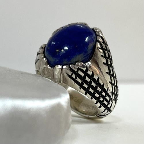 خاتم فضة رجالي بحجر لازورد افغاني طبيعي