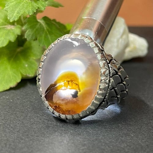 خاتم فضة رجالي بحجر عقيق مصور يماني طبيعي