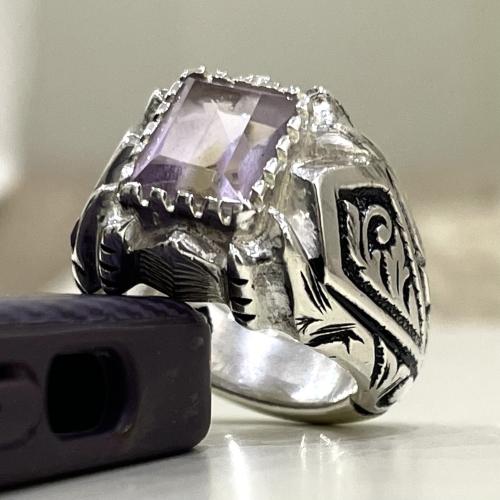 خاتم فضة رجالي بحجر امترين طبيعي