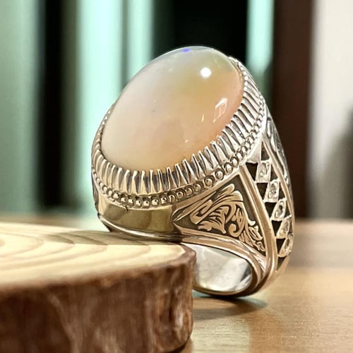 خاتم فضة رجالي بحجر اوبال اثيوبي طبيعي