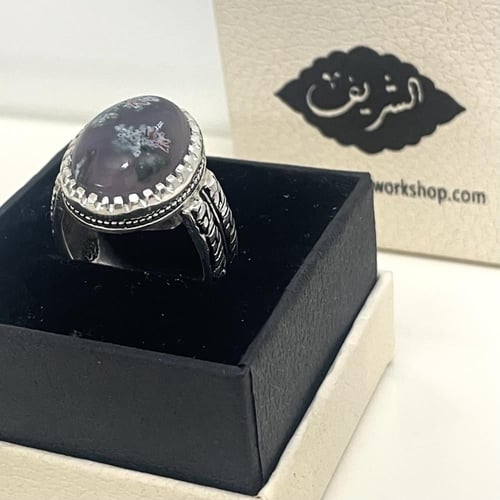 خاتم فضة رجالي بحجر عقيق ورد الربيع طبيعي