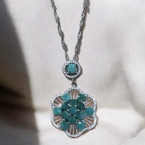 قلادة فضة نسائية مرصع 14 حجر زمرد مرصع زركون سويسر...