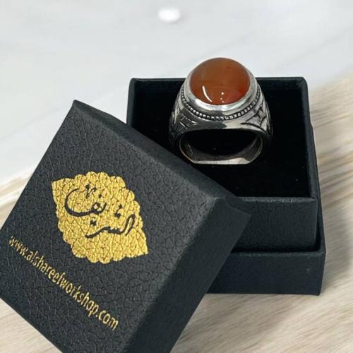 خاتم فضة رجالي بحجر عقيق مشمشي يماني