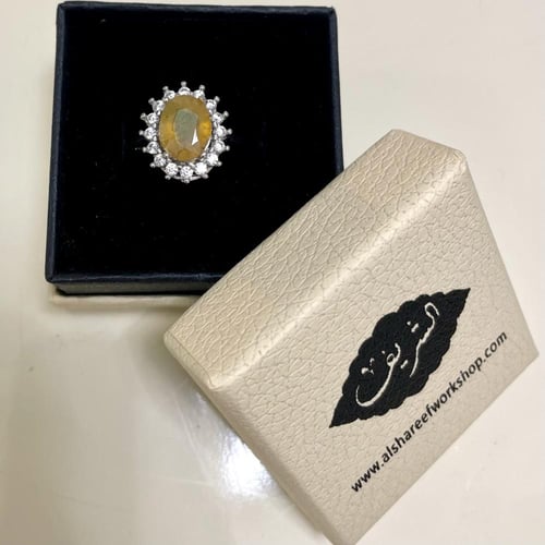 خاتم فضة نسائي بحجر زفير اصفر مرصع زركون سويسري