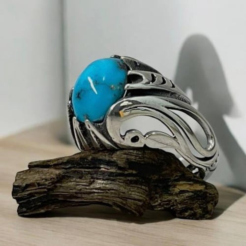 خاتم فضة رجالي بحجر فيروز كرماني طبيعي