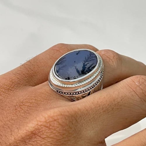 خاتم فضة رجالي بحجر عقيق مشجر يماني طبيعي