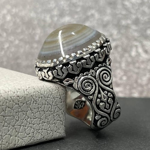 خاتم فضة رجالي بحجر عقيق سليماني طبيعي