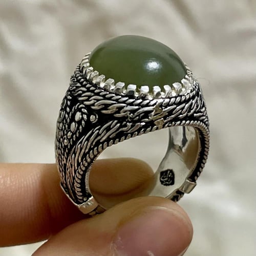 خاتم فضة رجالي بحجر يشم يماني طبيعي