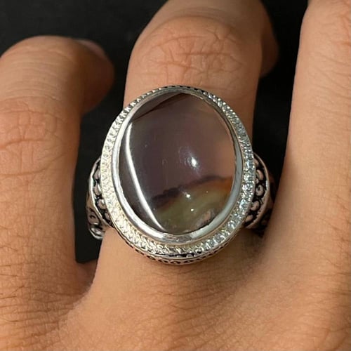 خاتم فضة رجالي بحجر عقيق مصور يماني طبيعي