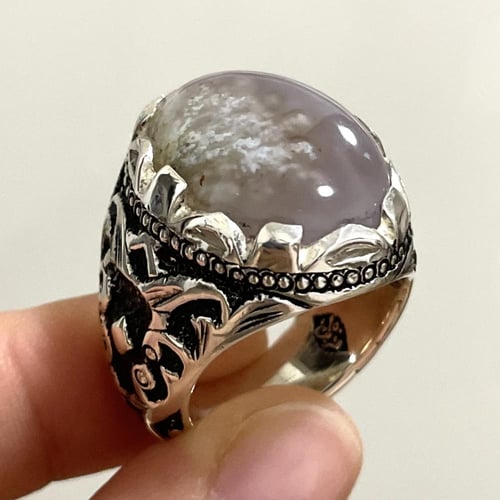 خاتم فضة رجالي بحجر عقيق ورد الربيع طبيعي