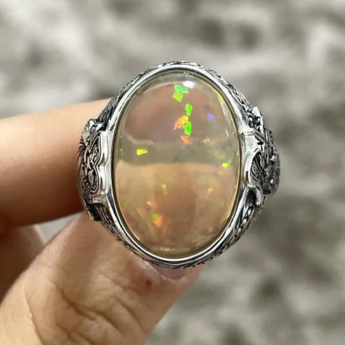 خاتم فضة رجالي بحجر بحجر اوبال اثيوبي طبيعي