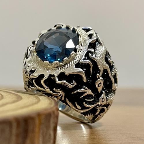 خاتم فضة رجالي بحجر توباز برازيلي لون لندني