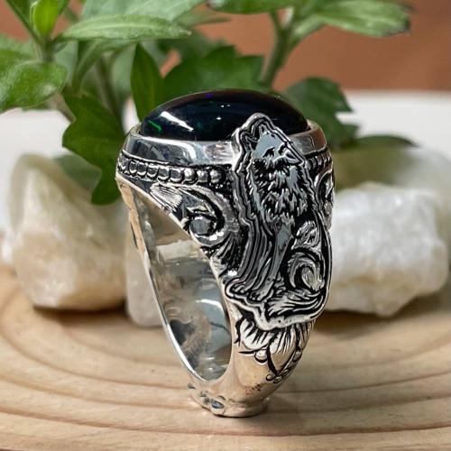 خاتم فضة رجالي بحجر اوبال اثيوبي طبيعي