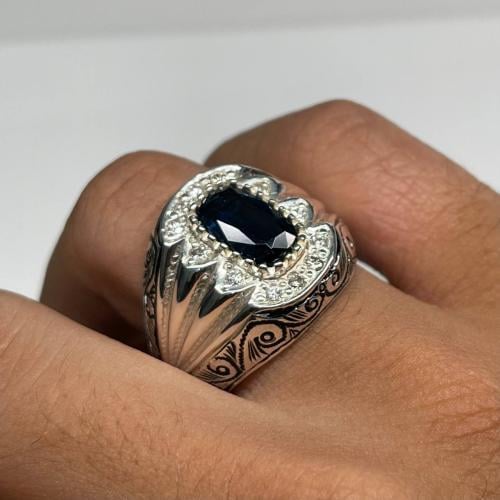 خاتم فضة رجالي بحجر كيانيت طبيعي مرصع الماس طبيعي