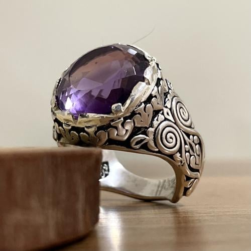 خاتم فضة رجالي بحجر اماتيست ( جمشت )