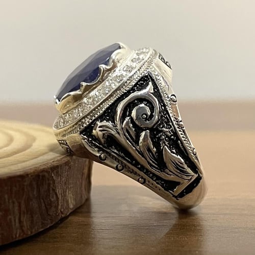 خاتم فضة رجالي بحجر زفير افريقي مرصع موزنايت