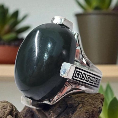 خاتم فضة رجالي بحجر يشم يماني طبيعي