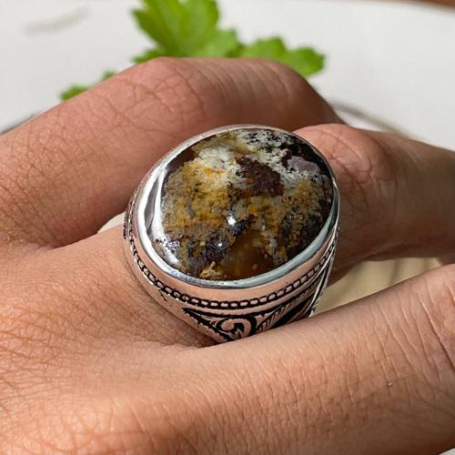 خاتم فضة رجالي بحجر عقيق طحلبي يماني طبيعي