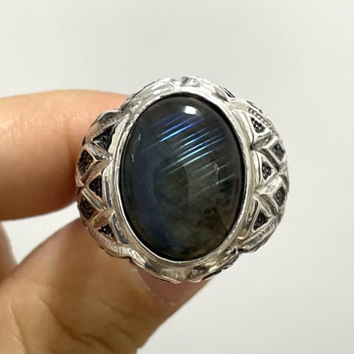 خاتم فضة رجالي بحجر طاووس طبيعي