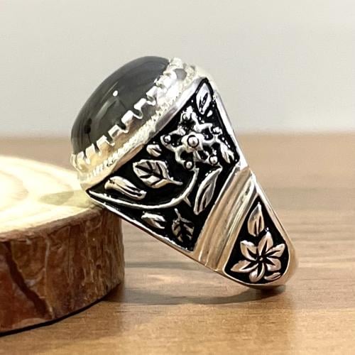 خاتم فضة رجالي بحجر عقيق مسماري طبيعي