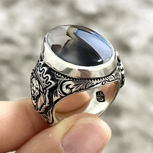 خاتم فضة رجالي بحجر عقيق مصور يماني طبيعي