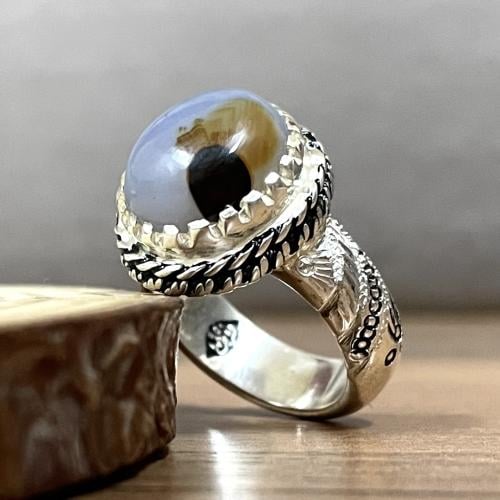 خاتم فضة رجالي بحجر عقيق مصور يماني طبيعي