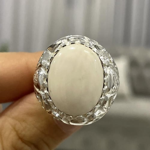 خاتم فضة رجالي بحجر عاج الفيل الطبيعي